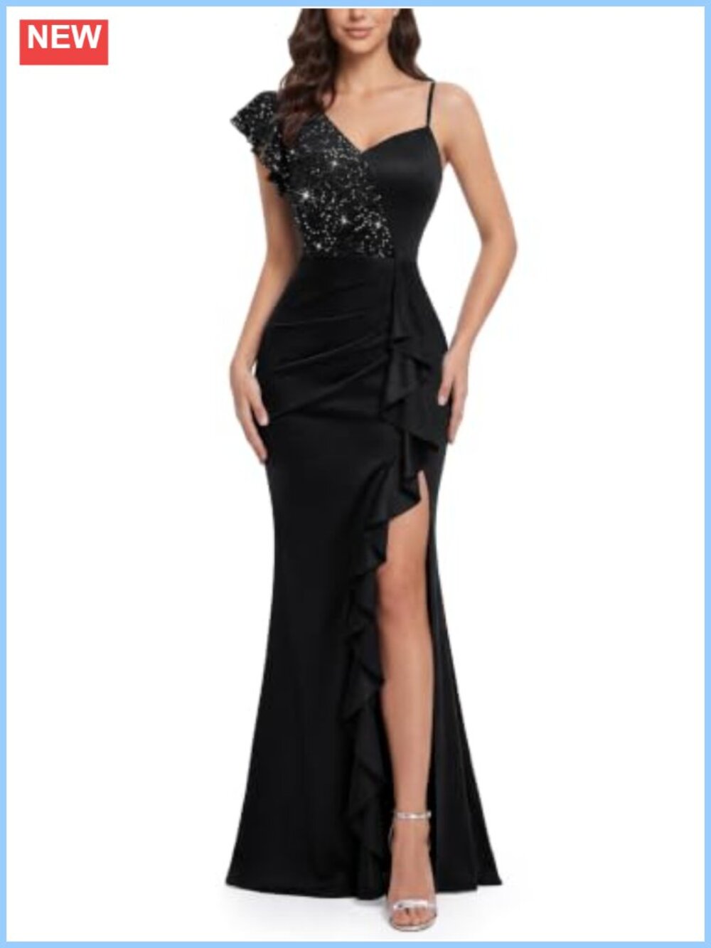 One Shoulder Sequin Slit Ruffle Satin Evening Gown Formal Dress